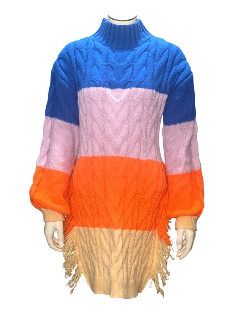 Daisy Size M Blue Pink Orange Fringe Cable Knit Turtleneck Sweater Dress Slouchy - Picture 2 of 12